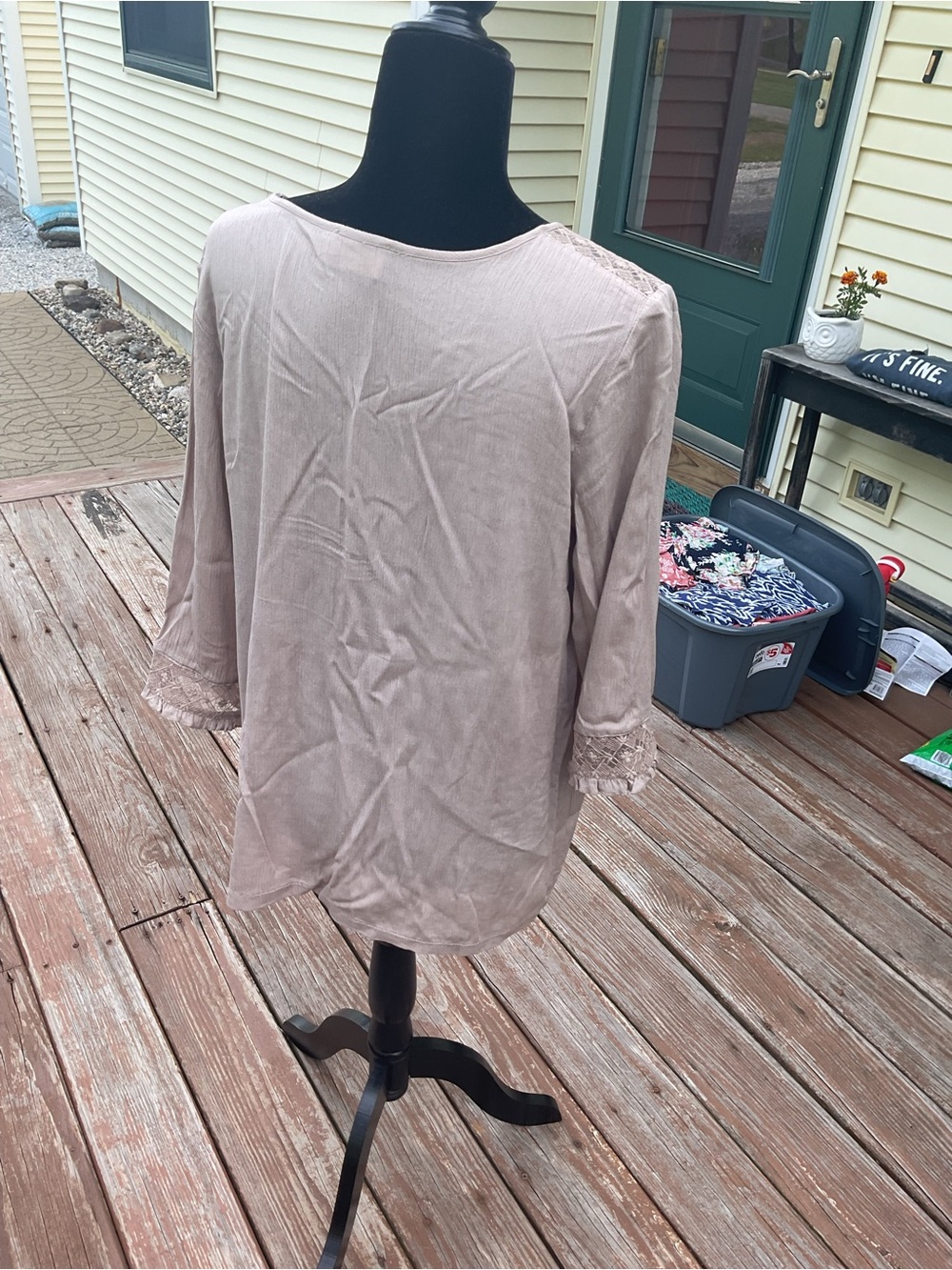 Light Taupe V-Neck Lace-Trim Top - Picture 3 of 5